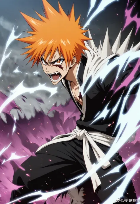 kurosaki ichigo (bleach),  hair orange, spiky hair, skin fair, fighter , grit, rabid, dark aura, screaming with rage