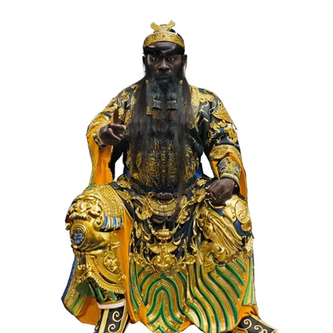 a black skin ancient chinese emperor, emperor rob, big eyes, thick eyebrow, holding a dark blue belt, taoist priest, long beard,...