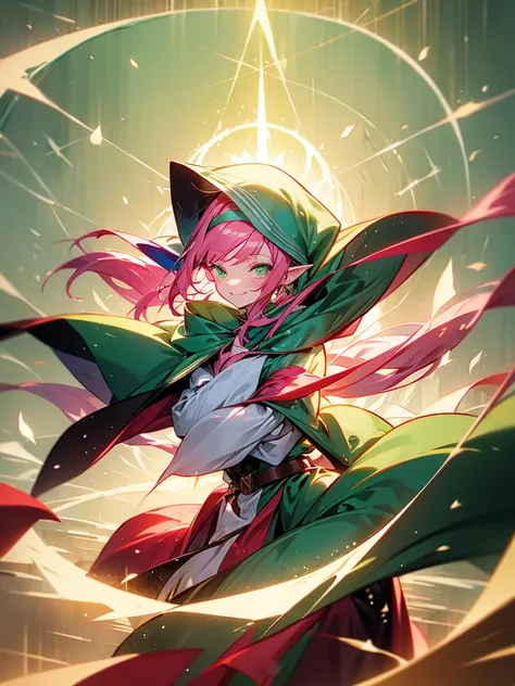 An elf girl with pink hair and green eyes. Her hair is long. There are strands or bangs on her forehead. Holding a large staff, wearing a cloak, smiling gently.
