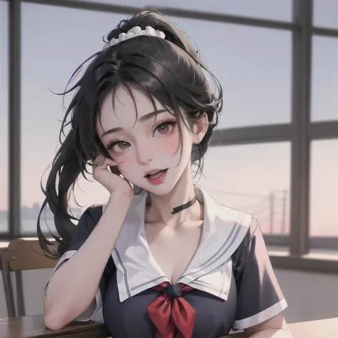 ｛｛｛｛｛One girl｝｝｝｝｝,Micro bikini, student council president, ponytail, black hair,One person,older sister,Sailor suit,alone,classroom,girl 17 years old,super happy highly detailed face,sexy,he is tall,super big ,(p cup),sexy