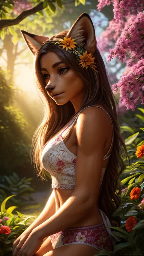 a beautiful fox girl in a garden, underwear, with flowers in her hair, sunlight filtering through the trees, serene and peaceful atmosphere, (best quality,4k,8k,highres,masterpiece:1.2),ultra-detailed,(realistic,photorealistic,photo-realistic:1.37),detaile...