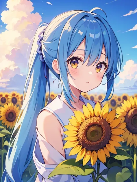 Cumulonimbus clouds tower high in the sky、Sunflower field、A girl with blue hair tied in a ponytail、The hair reaches down to the girl&#39;s back.、Anatomically correct depiction、Short-sleeved sailor suit、Navy Blue Skirt、Look back and laugh、