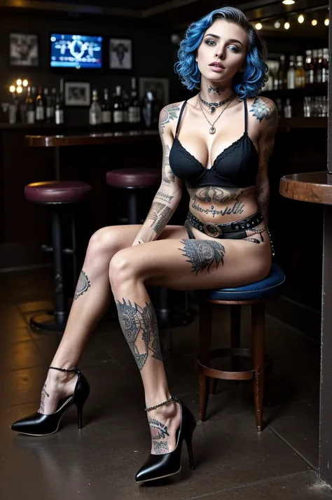 (sophisticated punk:1.4),(beautiful caucasian escort girl:1.3), (striking blue eyes), striking a glamorous pose, bodybuilder abs, spread legs, (high heels), (curled-up position), seated legs-up position , (dive bar in africa), dark, (((tattoos))), (skinny:...