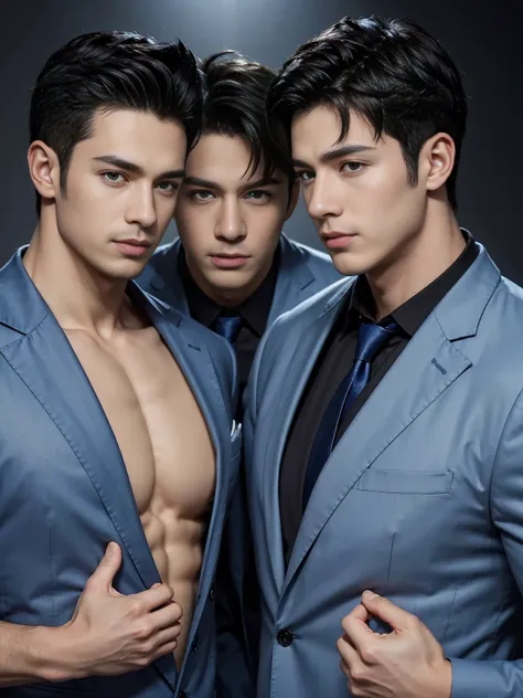 ((masterpiece)),((best quality)),8k,high detail,Very detailed, Very manly，3 men, like，fashion pose, Realistic skin texture, Light,
Royal blue style couple，Perfect hand details，Full chest muscles，Showing chest muscles