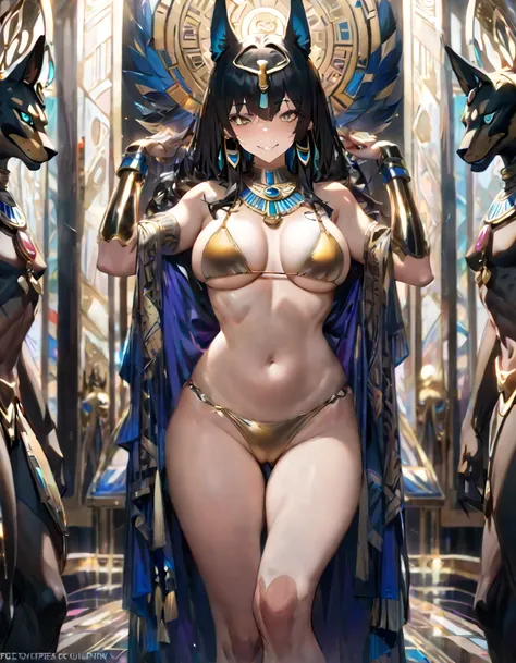 NSFW,((masterpiece,Highest quality)), Perfect hands,Perfect Legs,One Girl, alone,alone, smile, View your audience,Large Breasts,detailed,Golden Bikini,Gold Bikini,golden,goddess,Anubis,
