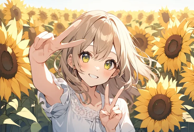 high resolution、selfie style、peacea_sign、extend your left hand towards the viewer、right hand peace sign、sunflower field、one girl...