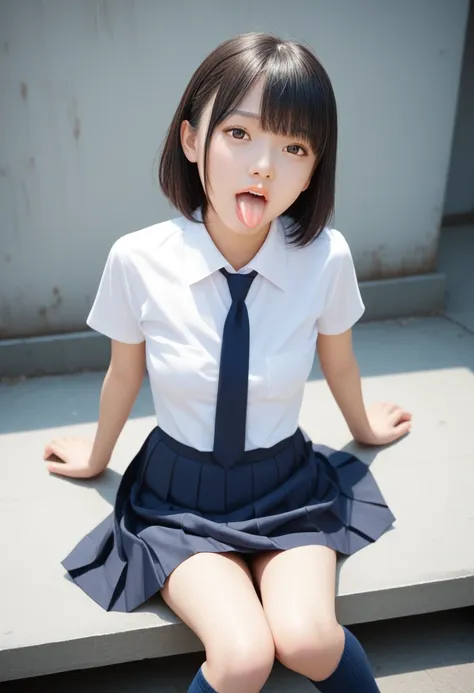 ,collared shirt,short sleeve,pleated skirt,tie,navy blue socks,(open mouth:1.5),(tongue out:2),dim,stage,sit,alley,skirt lift,li...