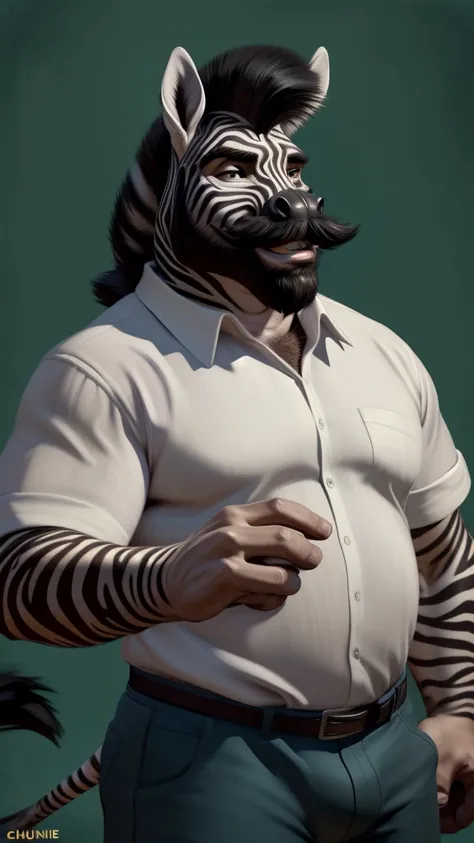 by chunie by catsudon by retros, male,upset,((annoyance)),((middle aged male)),((Bearded)),((Mustache)), equid, solo,(musuclar), ((Zebra,tail)),(Black hair), facial hair, facing viewer, ((Highly detailed face)), (((daddy Figure))), ((smilling)), green abst...