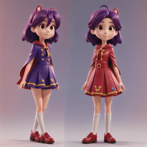 a close up of four images of a girl purple hair in a different red cape dress with the same simple pose, 1style character, anime styled 3d, render of a cute 3d anime girl, stylized anime, stylized character, 3 d render stylized, high quality character desi...