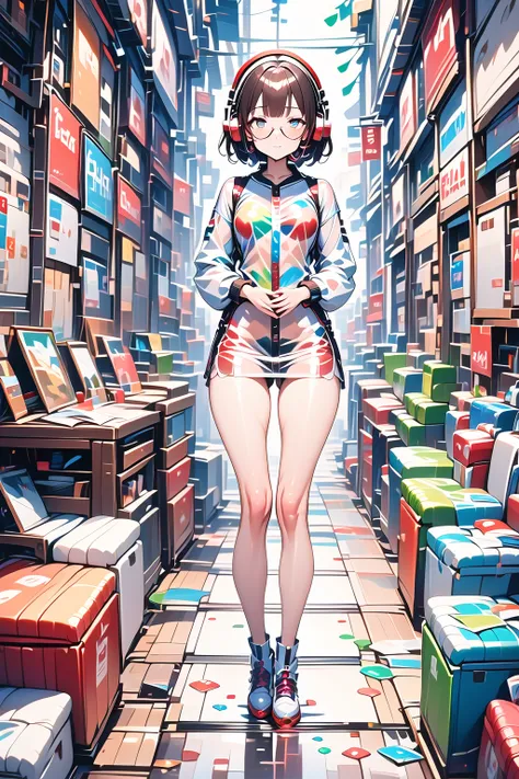  (masterpiece:1.2), (best quality:1.2), newest, intricate details, ai-generated, perfect anatomy, (((semi-rimless eyewear:1.3))), (headphone:1.2), short hair, blunt bangs, 1 girl, shirt, full body, own hands together, plastic, Transparent clothes,