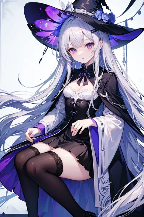 witch、Long silver hair、witch帽子