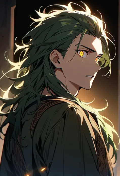 Handsome, solo, 1 man, dark green hair, yellow eyes, 1 man, handsome, male, long hair, detailed, Hair Slicked Back, Messy Hair, Hair Over Shoulder, Glowing Light, Bright Pupils, Wide-Eyed, Amber Eyes, confidence