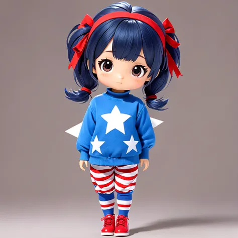 The character is wearing a blue top with white stars and red and white striped pants.