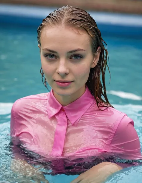 (wet situation), perfect photo of a beautiful blonde woman, (wet hair:1.3), (emerging out from water:1.3), she proudly wears her (wet pink satin shirt:1.3) buttoned to the top, with (long sleeves that extends to her wrists), as she feels the collar of her ...