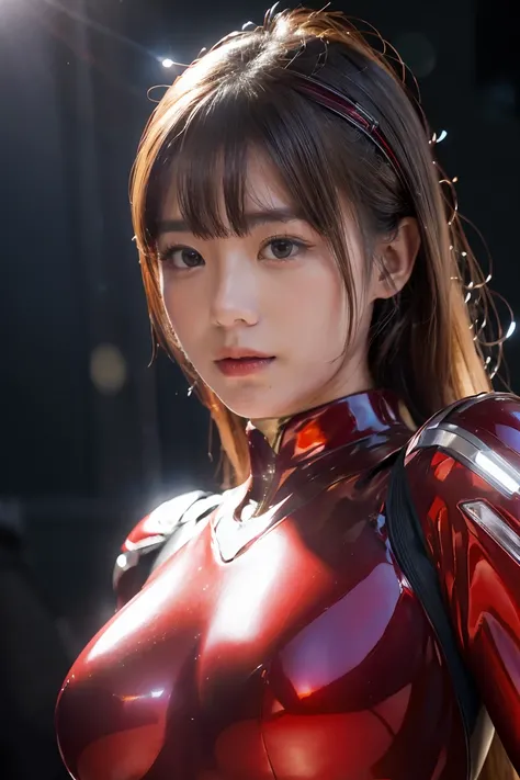 Ultraman、realistic、realistic、cinematic lighting, Girl in a shiny red and silver suit、15 years old、professional photos、Don&#39;Do not expose your skin, japanese model, japanese cgi、Ultraman Suit、, Power Rangers Suit、tight and thin cyber suit,Whole body rubb...