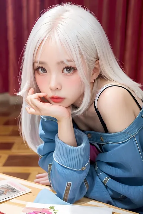 Be a girl with a pink complexion, beautiful eyes (red eyes) and deep as the night sky, half sad face lying on the table, white hair, looking at you, with an anime/semi-realistic style of art  