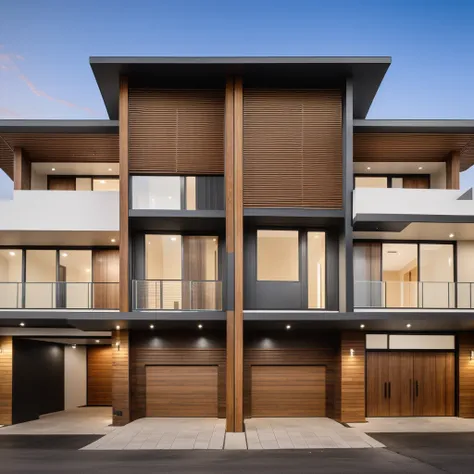 Design facade for modern detached villa, featuring contemporary style with wooden ceiling, glass balcony railing, and car garage, road, sidework, sidework trees, gate, car, 8k uhd, dslr, soft lighting, ultra quality, film grain, Fujifilm XT3, sharp image, ...