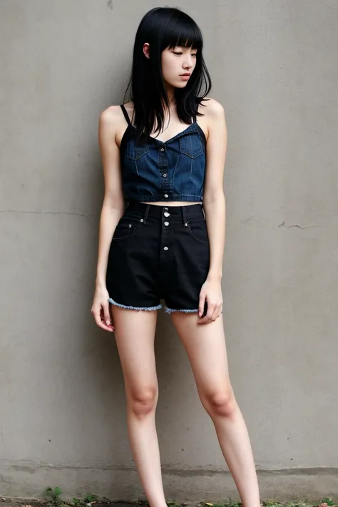 a beautiful 18 year old slim and sexy woman, emo girl, black dress, denim shorts, visible legs