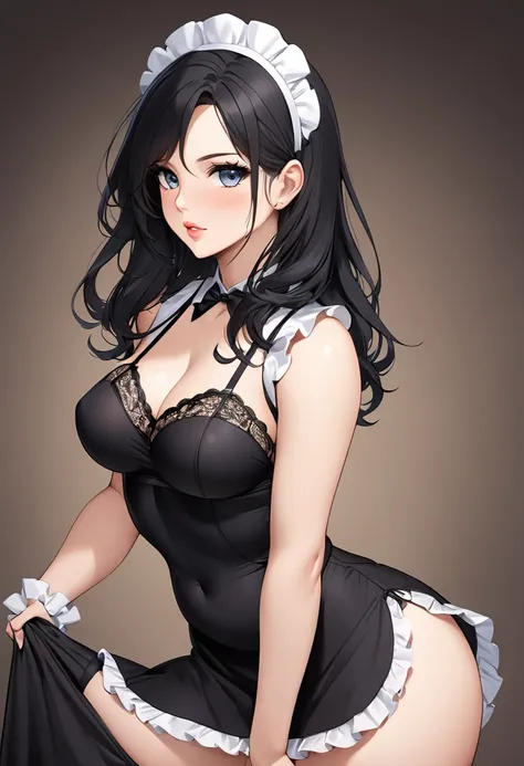 1 girl, name("Lana"), physique (“short” + “medium-sized breasts” + “plump lips” + “plump hips” + “firm ass”), clothes (“maid dress with a short skirt and deep neckline, transparent - black stockings, thongs”), favorite style of clothing (“short dress” + “l...