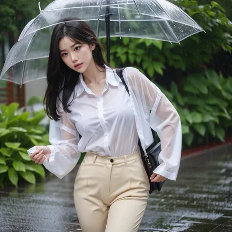 No umbrella、No umbrella、Hair getting wet in the rain、No umbrella、Rain-soaked hair、Beautiful woman getting wet in the rain、No umbrella美人、typhoon、No umbrellaで水に濡れる、Beautiful woman in the rain、雨で濡れたBeautyOL、Detailed face、Realistic、beautiful girl、Beauty、Office...