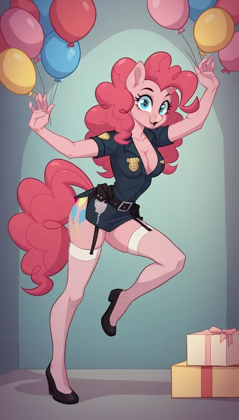 solo, girl, police uniform, sexy roleplay, seductive posing, NSFW, mlp style, anthro character, Pinkie Pie, pink skin, long curly rose hair, sexy opaque stockings, little breasts, surprise birthday party, at bedroom, seduce, offering body, offering pose, a...