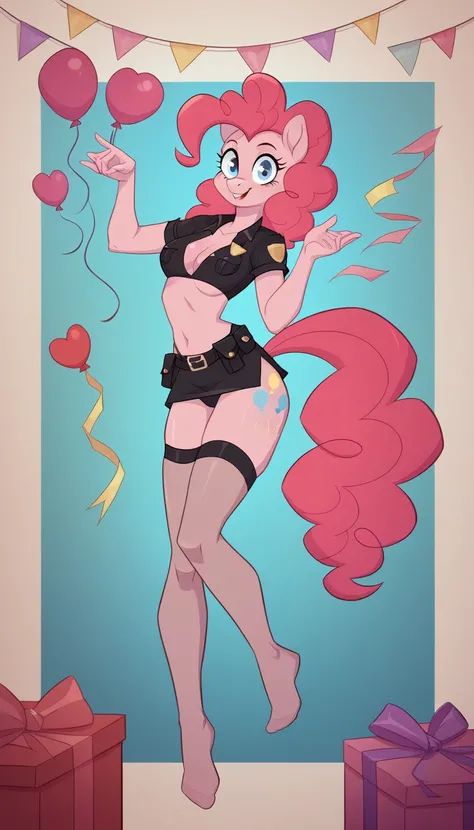 solo, girl, police uniform, sexy roleplay, seductive posing, NSFW, mlp style, anthro character, Pinkie Pie, pink skin, long curly rose hair, sexy opaque stockings, little breasts, surprise birthday party, at bedroom, seduce, offering body, offering pose, a...