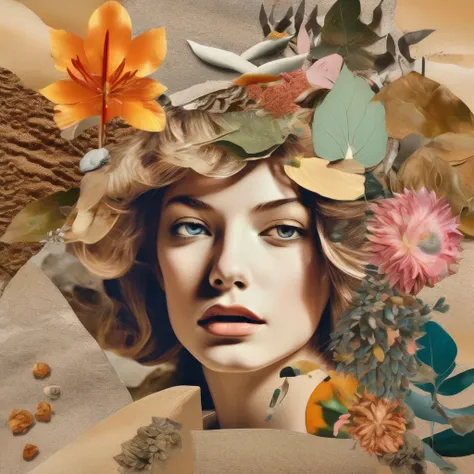 a surreal and chaotic collage of a girl illustration and motifs of petals, leaves and sand in natural materials in color, master...