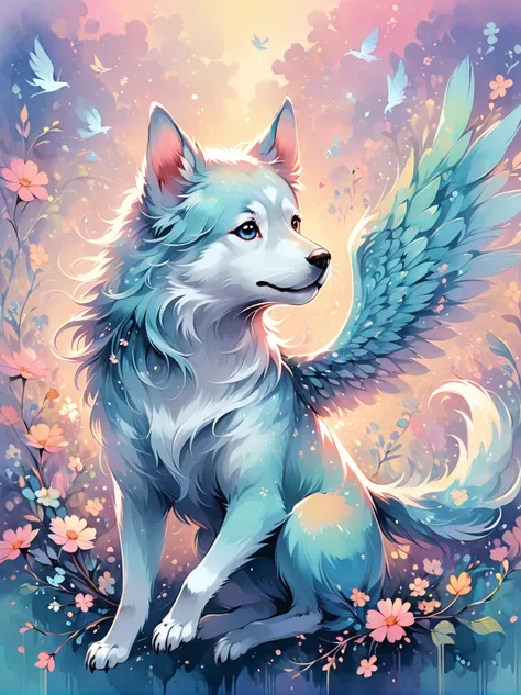 A whimsical digital illustration of a dog with majestic wings, painted in beautiful pastel shades. The dog is captured in mid-flight, lending a sense of movement to the image. The brushstrokes are vibrant yet soft, carefully blended to create a dreamy and ...