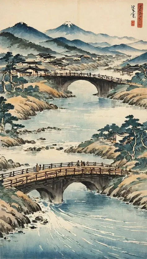 Katsushika Hokusai、vague、Mont、Mountain、river、Calm waves、bridge、wood々、People passing by々、Skyscrapers visible in the distance、Ink and watercolor、Light tones、Calligraphy、Ink Painting