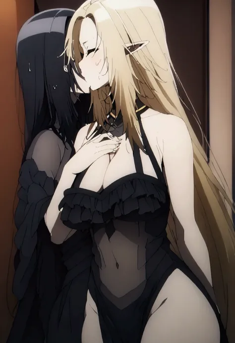 Two Women,Alpha ,Long blonde,gamma,Long Black Hair,((Touching the chest)), ((dress))),Nipples,Big Breasts,BIG ASS, kiss, (adult), (Elf),pubic hair
 ((My crotch is wet)),Love Hotel,My crotch is wet,Are standing,(masterpiece:1.2), High resolution, Highest qu...