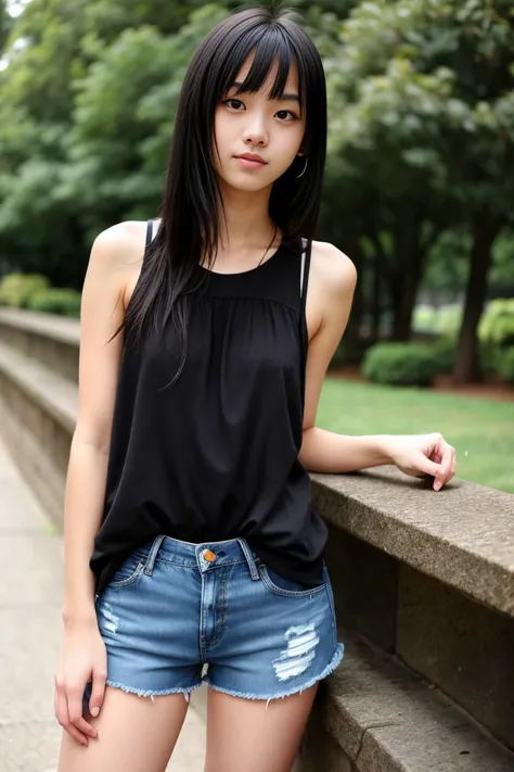 a beautiful 18 year old slim and sexy woman, emo girl, black dress, denim shorts, visible legs