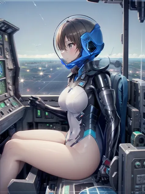  ((Female pilot in the cockpit of a reconnaissance plane), (airplane cockpit), (in flight), (10000 feet altitude)、(sky view):1.7),, short hair, street, emo, BLACK hair, white eyes, eyeliner, apocalypse, girl, nside the (cockpit:1.9) of a (futuristic spaces...