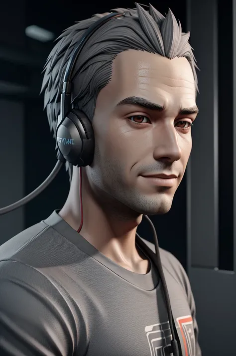 3D Create tenage boy (gray) (biyu) with Gaming headphone and looking slightly left side with excited expression. Use the RenderMan renderer. High definition, high contrast, high color saturation.