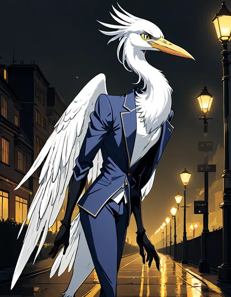 Male, 40 years old, adult man, tall, very tall, very slender, slender, thin, slim, very slender, avian, anthro, avian character, one man, bird, white bird, white body, white feathers, fully white feathers, white feathers hair, feather tail, long white beak...