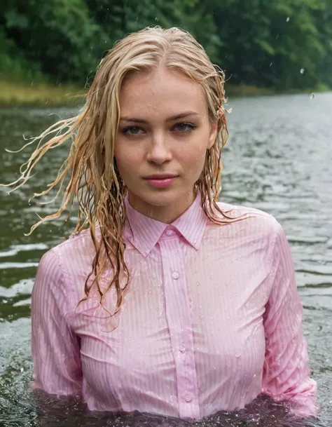 (heavy rain), perfect photo of a beautiful blonde woman, (wet hair:1.3), (emerging out from water:1.3), she proudly wears her (wet pink pinstriped satin shirt:1.3) buttoned to the top, with (long sleeves that extends to her wrists), as she feels the collar...