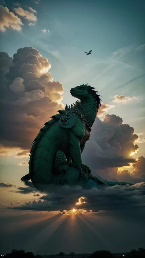 Sky picture, rajasthan Sunset, india, instagram story material, aesthetic, clouds, birds, show less sky with large green dragon across the clouds