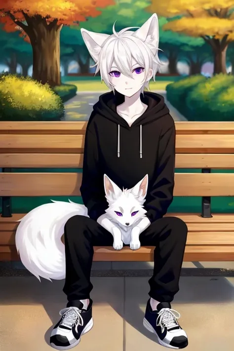 very thin, 1 boy, with white hair, with white fox ears, purple eyes, in a black hoodie a little bigger than me, black trousers, white fox tail, black sneakers, sitting on benches, in the park.