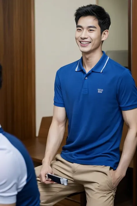 Korean man, Inspiration from Peng Yuyan, 23 years old, Korean muscular man ，The computer room is in the back, tight polo shirts., open mouth smile