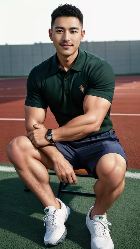 Masterpiece, best quality, high resolution, realistic, handsome, Take beautiful photos, A photo of a 35-year-old Gym Association member sitting on the floor. (The man has a thin mustache.) ,Full body, Portrait, standing on the football field, make military...