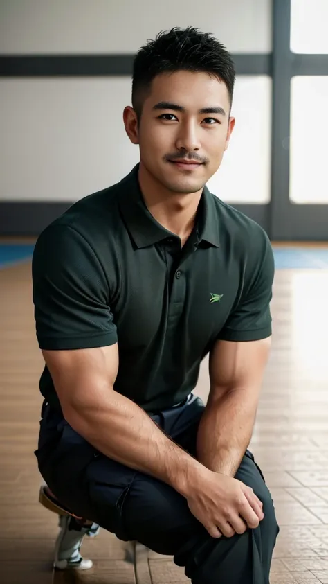 Masterpiece, best quality, high resolution, realistic, handsome, Take beautiful photos, A photo of a 35-year-old Gym Association member sitting on the floor. (The man has a thin mustache.) ,Full body, Portrait, standing on the football field, make military...