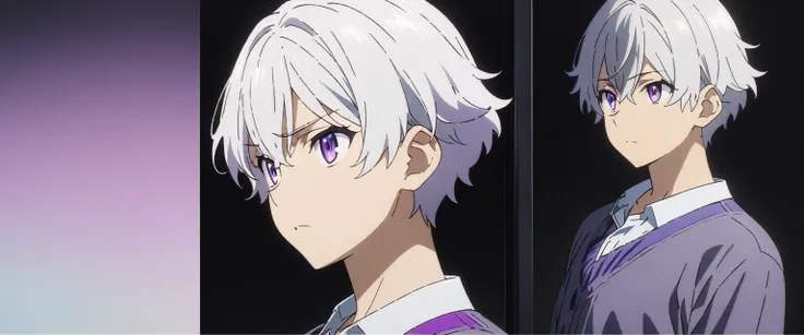 [(BLACK BACKGROUND:1.5)], ((((masterpiece)))), high quality, very_high_resolution, large_filesize, full color, solo, (((younger boy))), ((beautiful white short hair)), (purple color eyes), civilian clothes white, (White effect:1), anime,