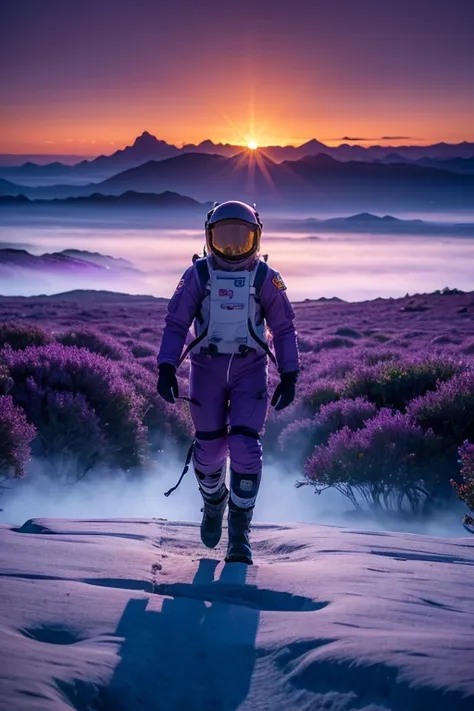 Distant unknown planet,A wide and unique wilderness,wood々is made of crystal,The sky is purple at sunset,Person in space suit walking through the wilderness,