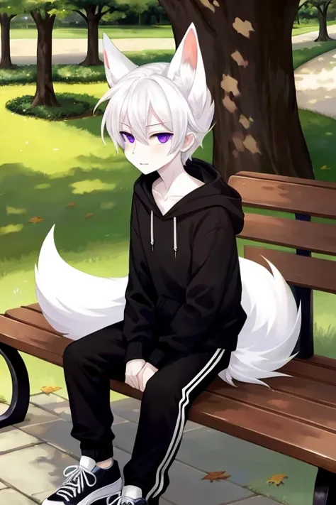 very thin, 1 boy, with white hair, with white fox ears, purple eyes, in a black hoodie a little bigger than me, black trousers, white fox tail, black sneakers, sitting on benches, in the park.