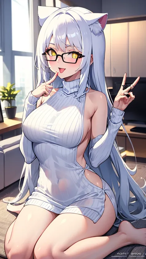 A 20-year-old female angel with long hair, white hair, yellow eyes, cat ears, breasts, and white angel wings. A glowing yellow halo ring overhead. Wear round glasses (White halter turtleneck sweater, white purekiller sweater, sleeveless, sexy backless swea...