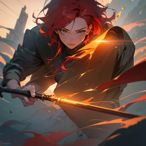 a young man in her mid twenties with vibrant fiery red hair, ash grey eyes, wearing an old tattered traveling shirt, holding a wooden staff and a small dagger, detailed portrait, cinematic lighting, dramatic, fantasy, digital painting, (best quality,4k,8k,...