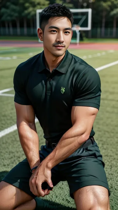 Masterpiece, best quality, high resolution, realistic, handsome, Take beautiful photos, A photo of a 35-year-old Gym Association member sitting on the floor. (The man has a thin mustache.) ,Full body, Portrait, standing on the football field, make military...