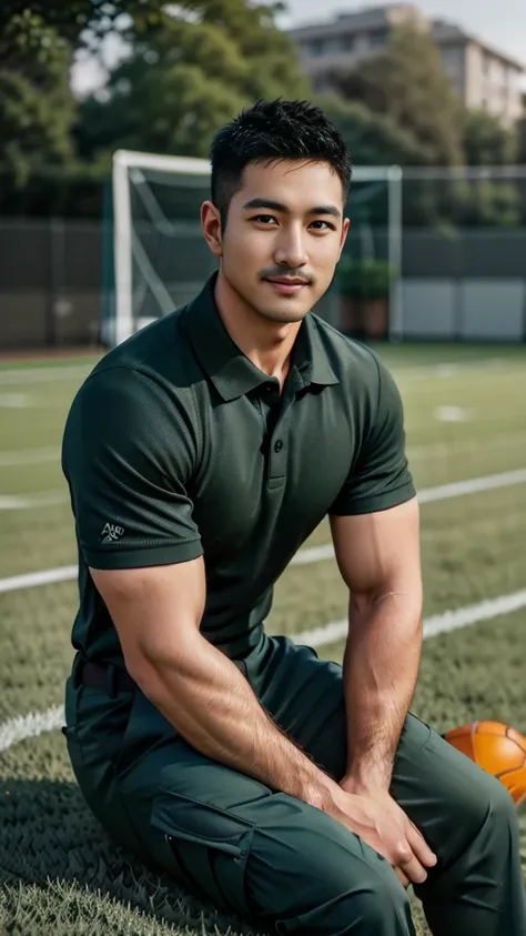 Masterpiece, best quality, high resolution, realistic, handsome, Take beautiful photos, A photo of a 35-year-old Gym Association member sitting on the floor. (The man has a thin mustache.) ,Full body, Portrait, standing on the football field, make military...