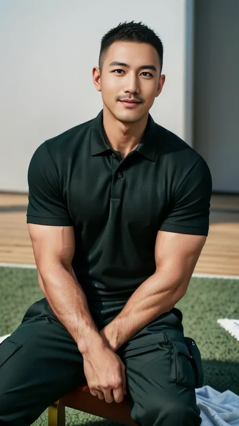 Masterpiece, best quality, high resolution, realistic, handsome, Take beautiful photos, A photo of a 35-year-old Gym Association member sitting on the floor. (The man has a thin mustache.) ,Full body, Portrait, standing on the football field, make military...