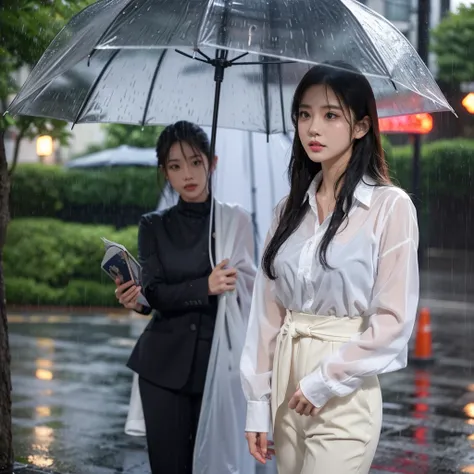 Wet shirt、Naked shirt、No umbrella、No umbrella、Hair getting wet in the rain、No umbrella、Rain-soaked hair、Beautiful woman getting wet in the rain、No umbrella美人、typhoon、No umbrellaで水に濡れる、Beautiful woman in the rain、雨で濡れたBeautyOL、Detailed face、Realistic、beauti...