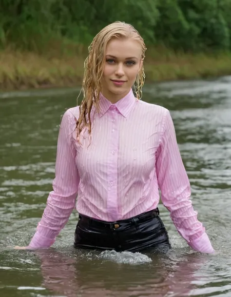 (heavy rain), perfect photo of a beautiful blonde woman, (wet hair:1.3), (emerging out from water:1.3), she proudly wears her (wet pink pinstriped satin shirt:1.3) buttoned to the top, with (long sleeves that extends to her wrists), as she feels the collar...